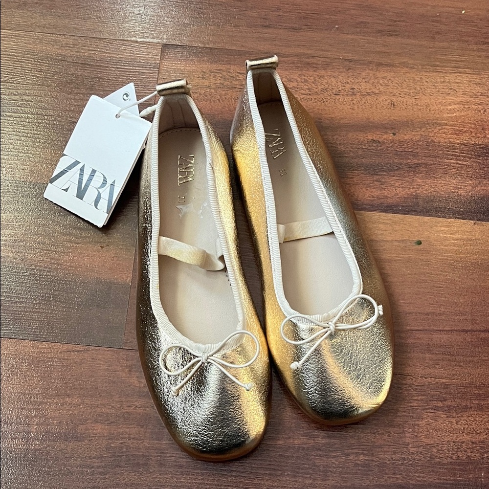 Zara Metallic Gold Flats with Bow